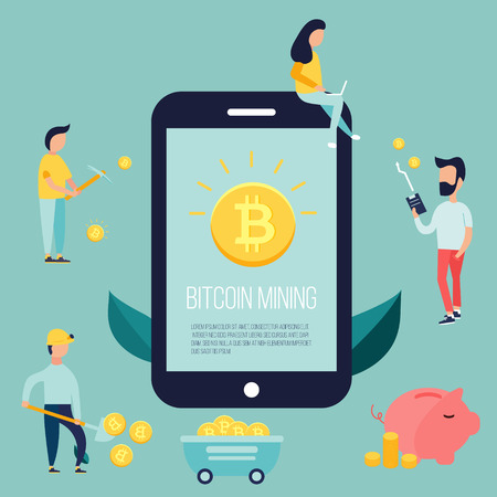 Concept design with minimalistic people earning bitcoins. Fintech industry, finance digitization concept designのイラスト素材