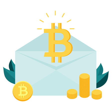 Bitcoin inside the envelope. Piles of golden bitcoins. Fintech industry, finance digitization concept designのイラスト素材