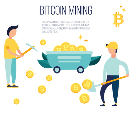 Concept design with minimalistic people mining bitcoins. Fintech industry, finance digitization concept designのイラスト素材
