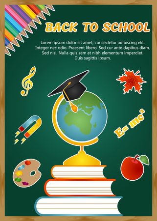 Back to school background with school icons leaf, palette, globe, book, graduate cap, pencil and textのイラスト素材