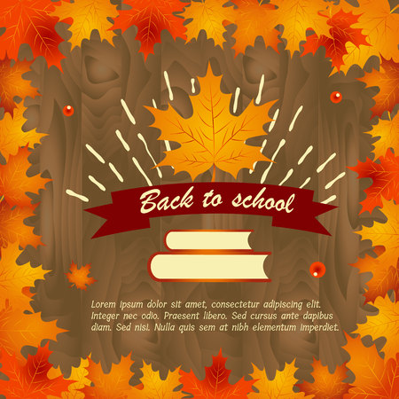Back to school wooden background with frame of leaves with maple leaf, books and ribbon with textのイラスト素材