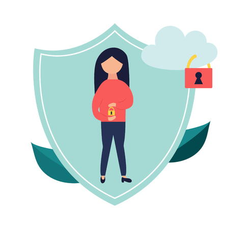 Data protection banner with locked cloud and girl. Data security and privacy conceptのイラスト素材