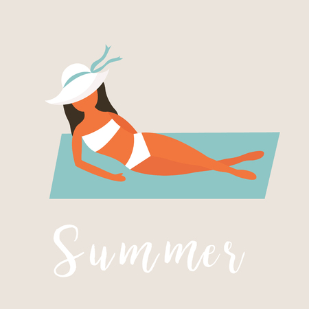 Girl sunbathing on the coast. Vintage posterのイラスト素材