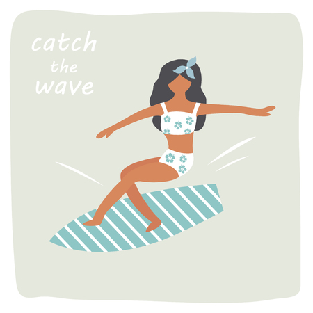 Girl surfing waves vintage posterのイラスト素材