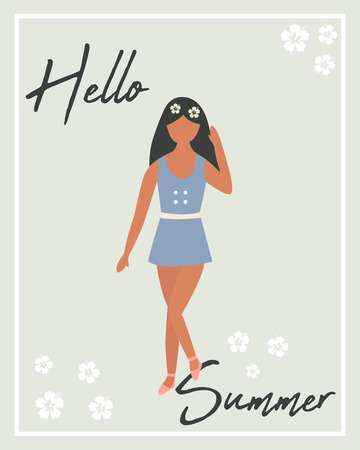 Hello summer poster with pretty girl.のイラスト素材