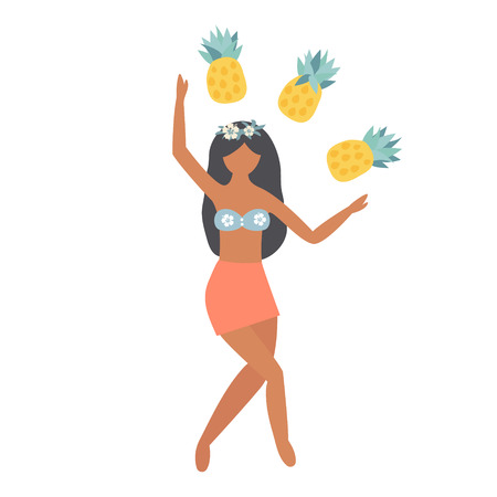 Summer poster with pretty girl juggling pineapplesのイラスト素材
