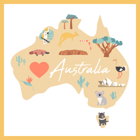 Map of Australia with landmarks and wildlife. Travel cardのイラスト素材