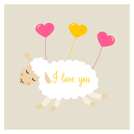 Cute sheep in love with heart balloonのイラスト素材