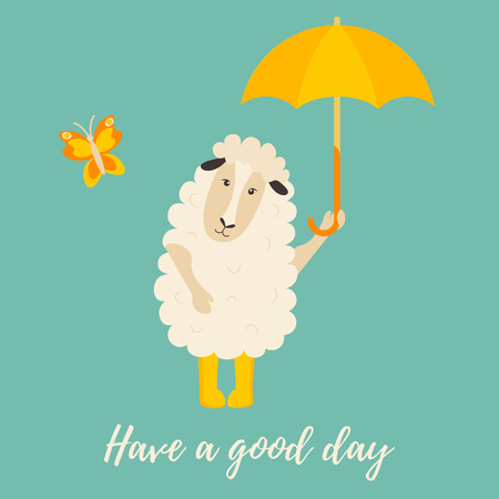 Cute cartoon sheep with yellow umbrellaのイラスト素材