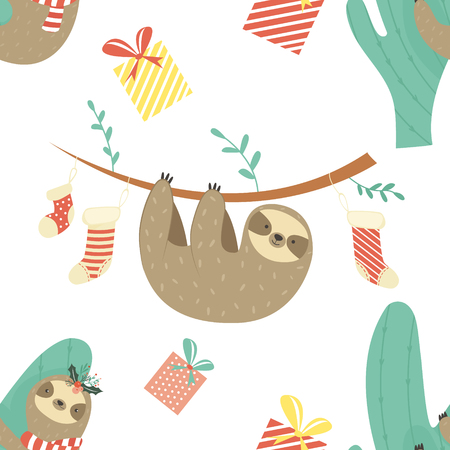 Christmas Seamless pattern with cute sloths, holiday socks and giftsのイラスト素材
