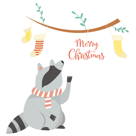 Cute Raccoon and Christmas socks. Holiday greeting postcardのイラスト素材