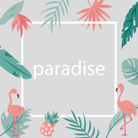 Beach tropical invitation card with flamingosand palm leavesのイラスト素材