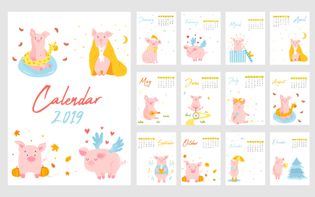 2019 calendar with funny pig. Monthly pages. Character design. editable templateのイラスト素材