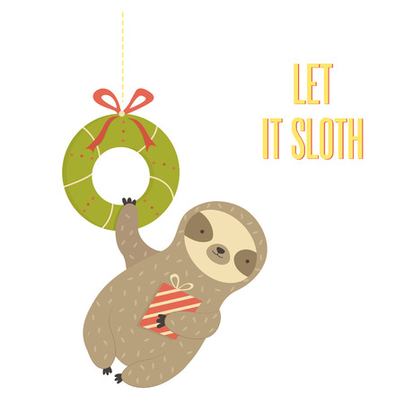 Merry Christmas card with funny sloth hanging on holiday wreathのイラスト素材