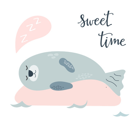 Baby print with cute seal: sweet time. Hand drawn graphic for poster, card, label, flyer, page, banner, baby wear, nursery. Scandinavian style. Vector illustrationのイラスト素材