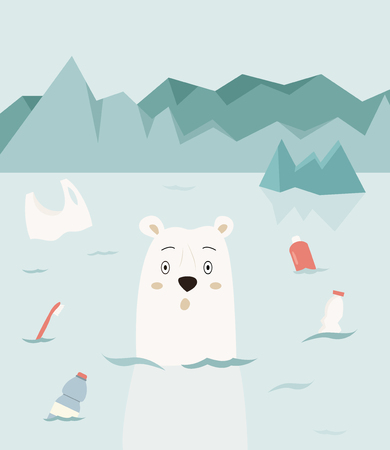 Eco concept poster with polar bear. Environment protection. Stop ocean pollution.のイラスト素材