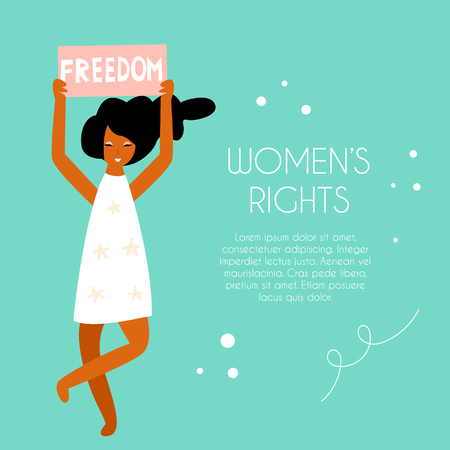 Vector illustration of protesting young woman holding a banner. Hand drawn image isolated on white background. Women's rights concept. Banner with place for text.のイラスト素材