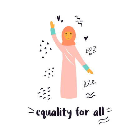 Vector illustration of protesting young muslim womanin hijab. Hand drawn image isolated on white background. Equality for all. Poster designのイラスト素材