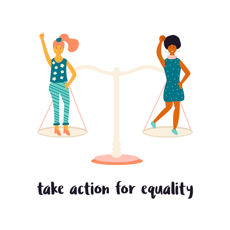 Two women standing on scales. Feminine concept and woman empowerment design for banners, social media. Take action for equality slogan.のイラスト素材