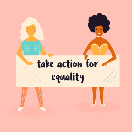 Vector illustration of two protesting young women holding a banner TAKE ACTION FOR EQUALITY. Hand drawn image isolated on white background. Feminine concept and woman empowerment design for bannersのイラスト素材