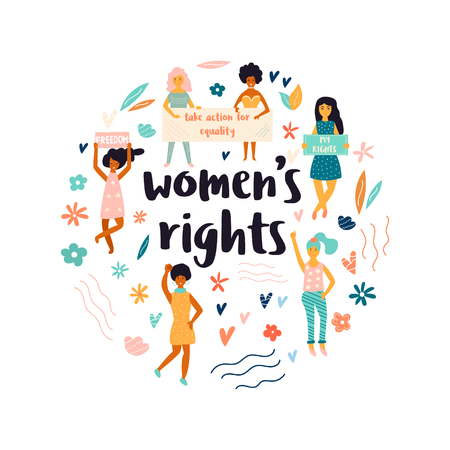 Group of protesting young women. Feminine concept. Bright design for posters, prints, social medisのイラスト素材