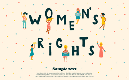 Group of protesting young women. Feminine concept. Bright design for posters, prints, social media with place for text.のイラスト素材