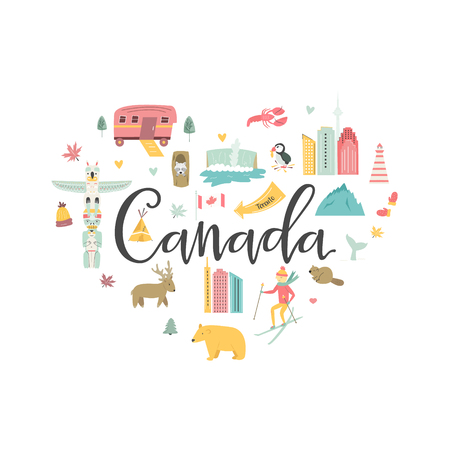 Canada cartoon vector banner. Travel illustration with landmarks, animals and nature places. For prints, t shirts, social media, greeting cardsのイラスト素材