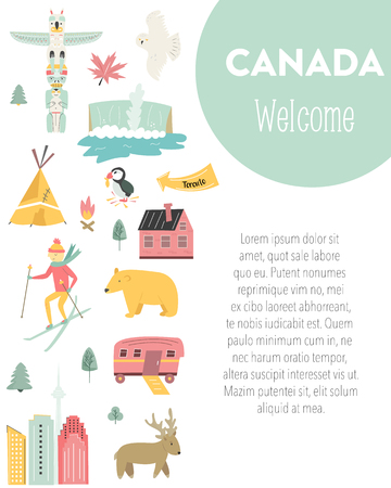 Canada cartoon vector banner. Travel illustration with landmarks, animals and nature places with copyspace. Cover templateのイラスト素材