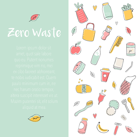 Zero Waste banner template with hand drawn elements and place for text. Canvas bags, glass bottle, jars, reusable cups, wooden cutlery, bamboo combのイラスト素材