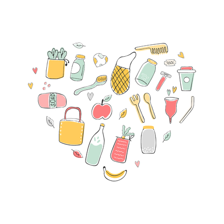 Zero Waste hand drawn illustration with eco icons. Poster designのイラスト素材