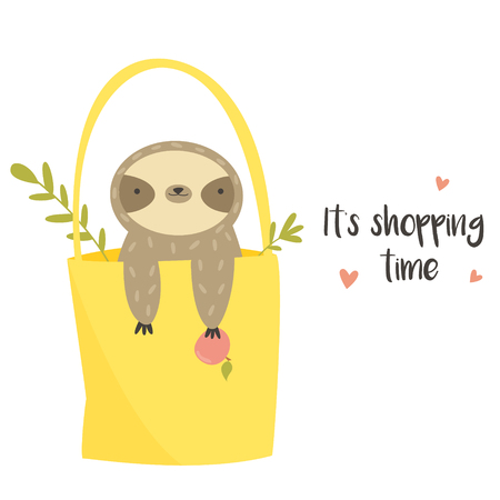 Cute funny sloth sitting in a shopping bag.のイラスト素材