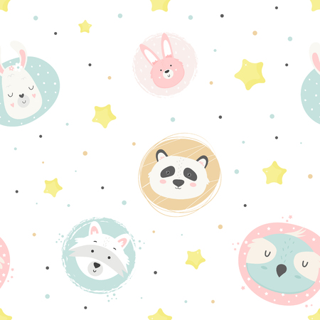 Cute magic seamless pattern with animals panda, owl, llama, rabbit, raccoonのイラスト素材