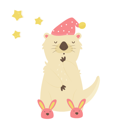 Funny sleepy otter in slippers and night cap. Animal character vector illustrationのイラスト素材