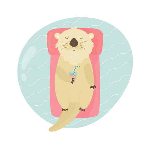 Cute otter swimming in a pool on air matrass. Animal character vector illustration. Print designのイラスト素材