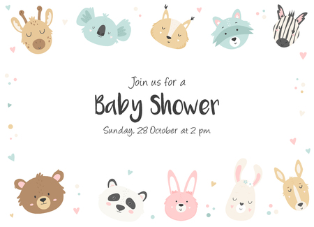 Baby Shower horizontal Invitation with cute hand drawn animals. Baby Shower Card Template.のイラスト素材
