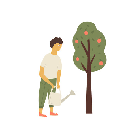 Young man watering apple tree. Garden works conceptのイラスト素材