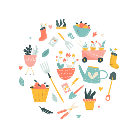 Circle illustration of garden tools. Suitable for brochures, wrapping paper, packaging coverのイラスト素材