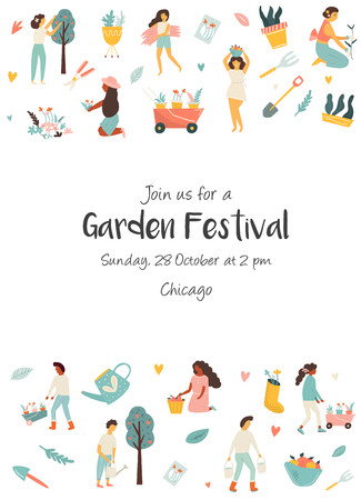 Garden festival invitation template with tiny farmers. Festival poster and banner colorful designのイラスト素材
