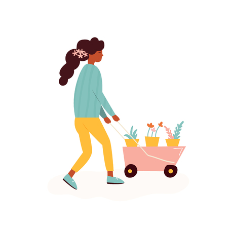 Farmer girl with wheelbarrow and flowers in it. Stylized Vintage character design.のイラスト素材