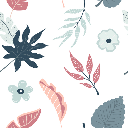 Tropical seamless pattern with flowers and leaves. Vector illustration. Summer designのイラスト素材