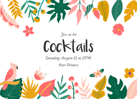 Party invitation with flowers, birds and palm leaves.のイラスト素材
