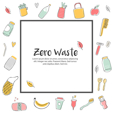 Zero Waste concept design with hand drawn eco elements and place for text.のイラスト素材
