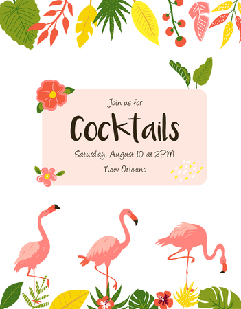 Trendy summer tropical banners with leaves and flamingos for invitations, greeting cards. Aloha, hawaiian, cocktail partyのイラスト素材