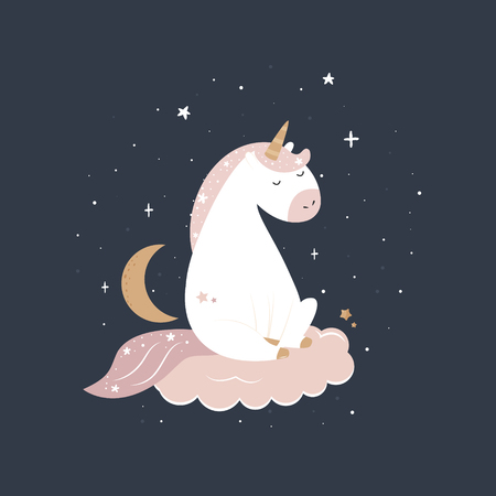 Cute magical unicorn sitting on a cloud in pastel colours. Print for t-shirt, greeting card or sticker. Vector illustrationのイラスト素材