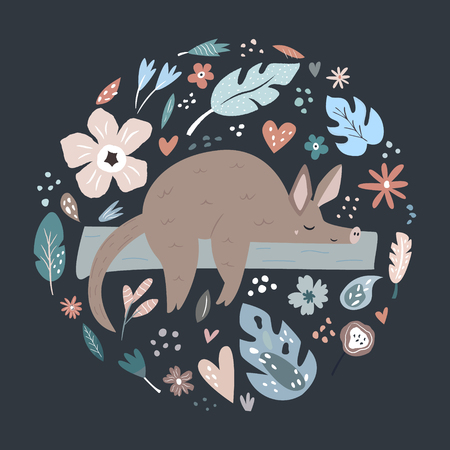 Cute hand drawn aardvark character with decorative floral elements. Travel greeting card, print for t-shirtsのイラスト素材