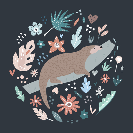 Cute hand drawn pangolin character with decorative floral elements. Travel greeting card, print for t-shirtsのイラスト素材