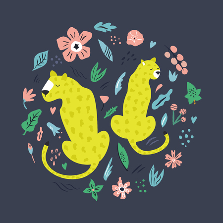 Cute hand drawn couple of leopards with decoration. Travel greeting card, print for t-shirtsのイラスト素材
