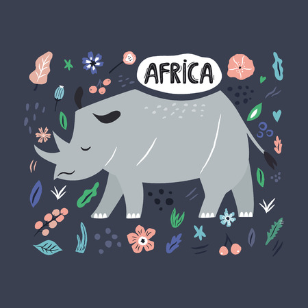 Cute hand drawn rhino character with decorative floral elements. Travel greeting card, print for t-shirtsのイラスト素材