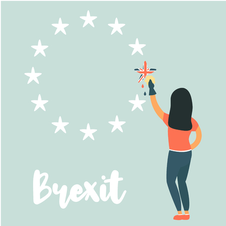 Girl washing out Great Britain from EU emblem. Vector political illustration. Brexit conceptのイラスト素材