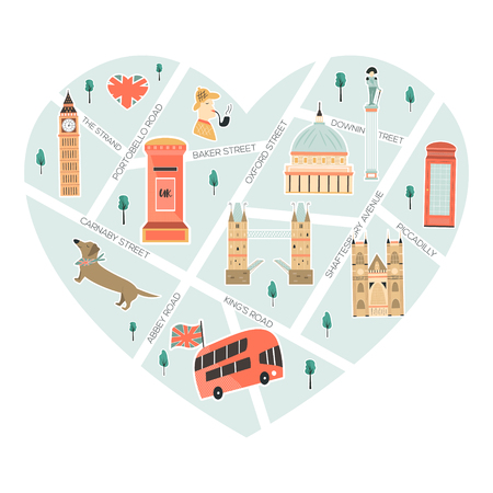 Illustrated map of London with landmarks, symbolsのイラスト素材